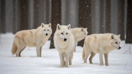 Obraz premium Majestic white wolves standing alert in a beautiful snow-covered woodland scene