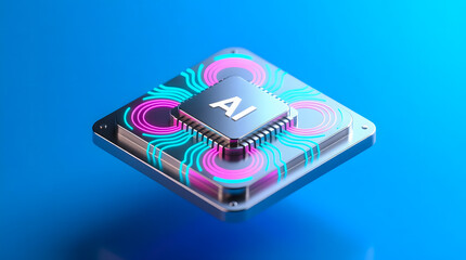 A powerful AI symbol emerging and glowing from a levitating, futuristic microchip, set against a pure, solid blue neon background.