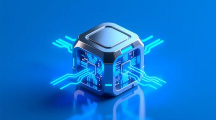 Conceptual 3D intelligence node radiating symmetrical blue-neon signals, set against a pure, solid, futuristic blue neon background.