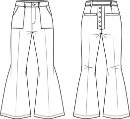 Technical fashion flat sketch of high waist flared pants front and back view garment design blueprint illustration for apparel production sewing pattern denim trousers