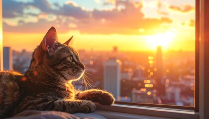 Striped tabby cat gazes from a windowsill at the brilliant orange sunset over an expansive city skyline