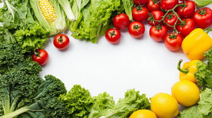 Fresh vegetable border with lettuce kale corn cucumber tomato lemon yellow bell pepper on white background