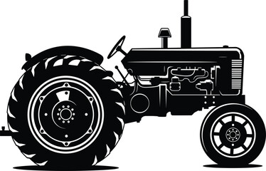 Vintage farm tractor silhouette illustration, classic agricultural vehicle design, black and white rural machinery icon, farming equipment graphic isolated on white background