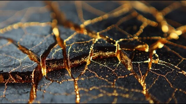 A cracked black obsidian surface repaired with Kintsugi style but using glowing neon gold circuits instead of traditional lacquer.