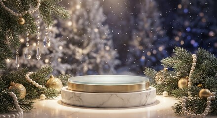 A festive Christmas scene with a marble and gold product display podium surrounded by decorated fir trees and sparkling lights.