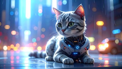 Striped tabby cat lies on a reflective city street wearing futuristic cybernetic gear with a blurred colorful backdrop