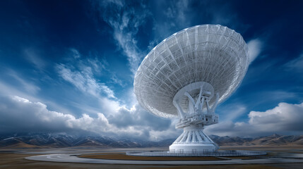 Very large radio telescope array with massive parabolic satellite dishes pointing toward the sky, ground-based deep space communication and astronomical observatory, white metal an