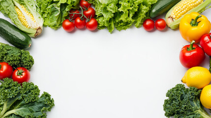 Fresh vegetable border with lettuce kale corn cucumber tomato lemon yellow bell pepper on white background