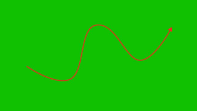 Animated red arrow isolated on green screen background. Curved arrow animation. Arrow pointing icon. thin arrow line with a triangular head. 4k animation