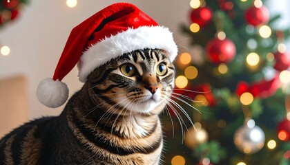 Striped tabby cat wearing a Santa hat poses in front of a lit Christmas tree, bright festive and adorable