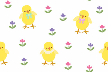 Yellow chick and flowers isolated on a white background. Seamless pattern under clipping mask. Hand drawn  background for paper, cover, textile.
