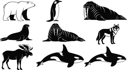 Arctic and marine animal silhouettes collection featuring polar bear penguin walrus seal wolf moose orca, wildlife icons isolated on white © MstRokshana