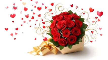 Vivid red roses in a golden paper wrap, with hearts floating on white background and decorative swirls