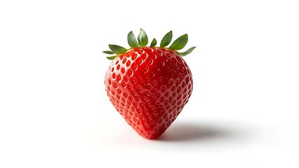 Vivid red strawberry, plump and textured, with green leafy top, isolated on bright white background