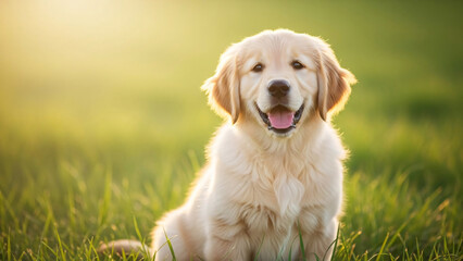 A joyful and cute Golden Retriever puppy sitting in a lush green grassy field, panting happily under the warm natural sunlight.