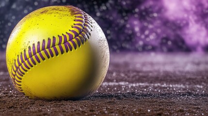 Close-Up of a Bright Yellow Softball Resting on a Dirt Infield Under Purple Night Lights