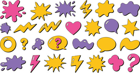 Obraz premium Comic doodle expression. Cartoon manga effect, speech bubble, lightning arrow, lightbulb idea, love and shock, angry emoji expressive symbol. Spiral, tears and stars. Vector set
