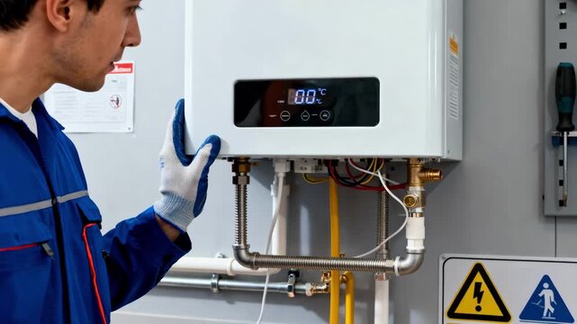 Technician closely inspects a tankless water heaters compact unit checking connections and temperature settings for energy efficiency and safety.