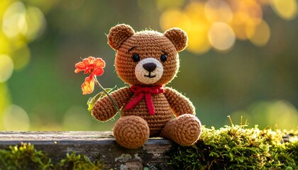 Stuffed brown bear sits holding a red flower on mossy surface, with blurry green and yellow background