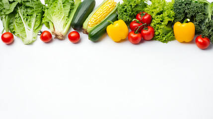 Fresh vegetable border with lettuce kale corn cucumber tomato lemon yellow bell pepper on white background
