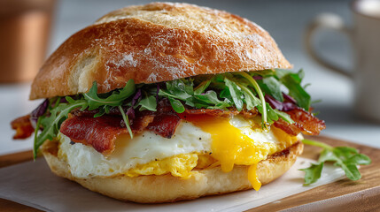 Delicious breakfast sandwich with egg, cheese and bacon on artisan bun with fresh greens, minimal clean background, bright natural light, commercial food photography style 
