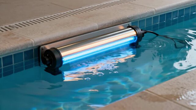 Medium shot showcasing a UV water purifier integrated into a pool system emitting a soft glow while sanitizing water naturally.