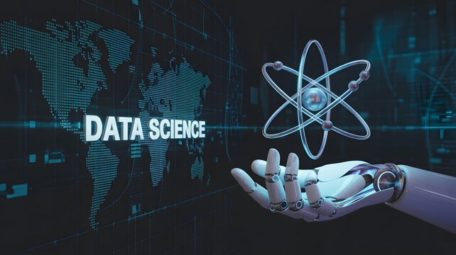 Futuristic robot hand displaying a digital atom model on a data science world map background - Powered by Adobe