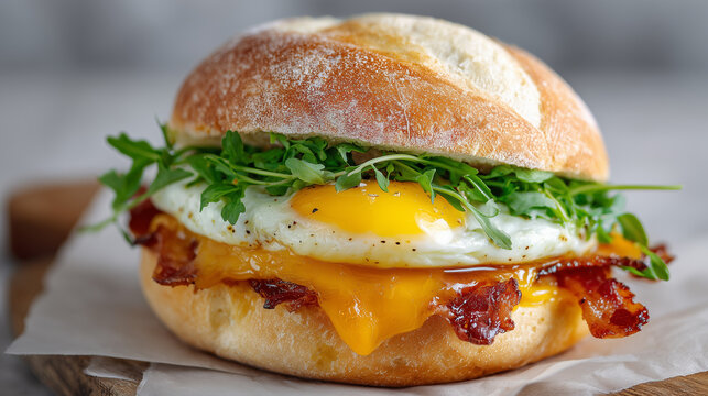 Delicious breakfast sandwich with egg, cheese and bacon on artisan bun with fresh greens, minimal clean background, bright natural light, commercial food photography style 
