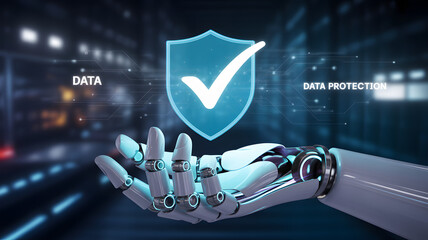 Futuristic digital illustration of an ai hand holding data protection shield against bokeh light backdrop security, technology concept
