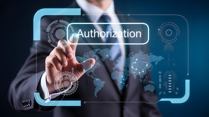Businessman touches futuristic digital authorization interface with global network, data process, and virtual reality controls