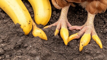Close-up of a chicken's bright yellow talons on dark soil beside ripe bananas
