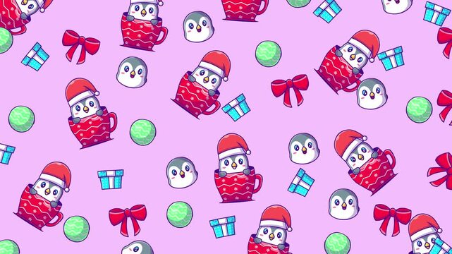 Pattern christmas penguin theme with a light pink background ideal for holiday greeting cards, social media posts, and festive designs.