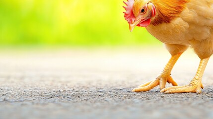 Close-Up of a Curious Beige Chicken Striding Confidently on a Sunlit Rural Path
