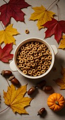 Overhead View of Whole Grain Cereal Loops in a White Bowl with Fall Pumpkins and Leaves