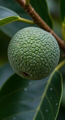 Macro Close Up of a Green Exotic Tropical Fruit Growing on a Branch with Lush Leaves