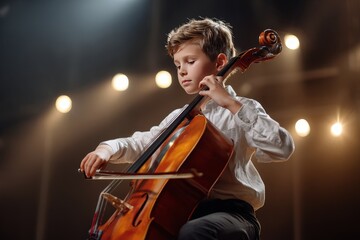Fototapeta premium A focused young boy in a white shirt playing a wooden cello during a performance on a stage with warm spotlighting, concept of musical talent, classical music education, and youth orchestral concert