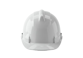 A new white construction safety helmet isolated on a transparent background with copy space. Concept of industrial safety and personal protective equipment