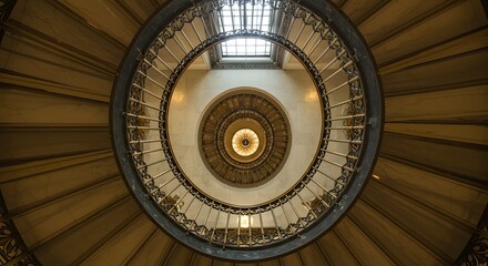 Symmetrical Low Angle View Looking Up Through a Round Ornate Wrought Iron Spiral Staircase