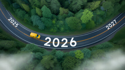 Aerial curved mountain road showing vehicle driving towards 2026, 2025 and 2027 goals concept, surrounded by lush forest with mist rolling beneath