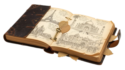 Old Travel Diary Sketches Featuring Global Landmarks and Vintage Key