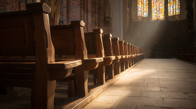 phonology. Ancient wooden church pews in rows, light from stained glass window. event programs, museum guides, designed for cultural heritage projects and event programs.