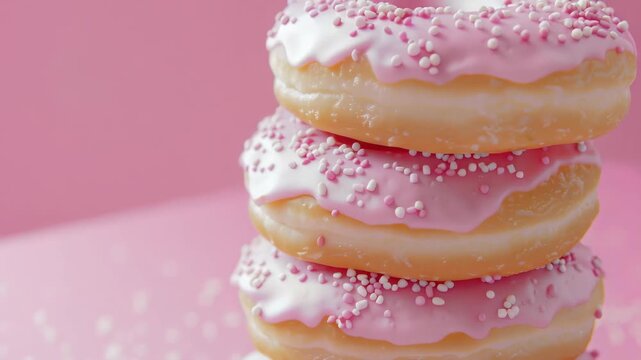 These delicious donuts are coated in vibrant pink frosting and sprinkled with sugar bits, offering a delightful treat. They're stacked on top of each other, ready to be enjoyed!
