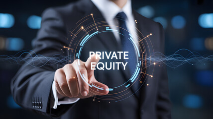 A businessman interacts with a private equity digital interface on a futuristic screen, showing investment strategies and financial technology