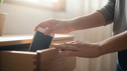 Hands placing a smartphone into a wooden drawer, symbolizing digital detox or disconnection from technology