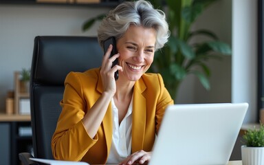 Happy laughing older businesswoman working in office using modern tech sit at workplace desk holds cellphone talks to client. Customer look at laptop, making order remotely. Positive phonecall concept