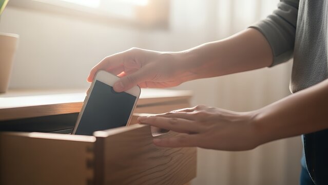 Hands placing a smartphone into a wooden drawer, symbolizing digital detox or disconnection from technology - Powered by Adobe