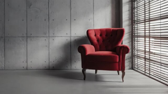 A striking contrast of vibrant red and industrial concrete creates a visually appealing interior scene. The room's simplicity allows the eye to focus on the boldly colored armchair