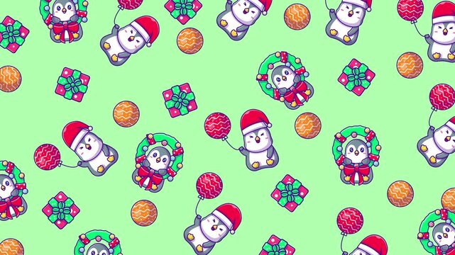 Christmasthemed penguins adorn green background with ornaments and balls. Suitable for holiday cards, decorations, and festive graphic design projects.