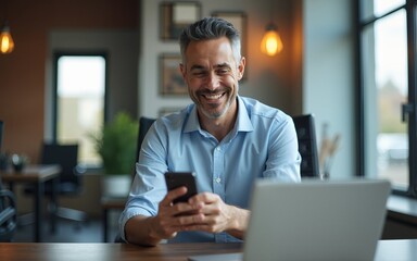 Smiling mature businessman holding smartphone sitting in office. Middle aged manager ceo using cell phone mobile apps and laptop. Digital technology applications and solutions for business development