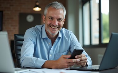 Smiling mature businessman holding smartphone sitting in office. Middle aged manager ceo using cell phone mobile apps and laptop. Digital technology applications and solutions for business development